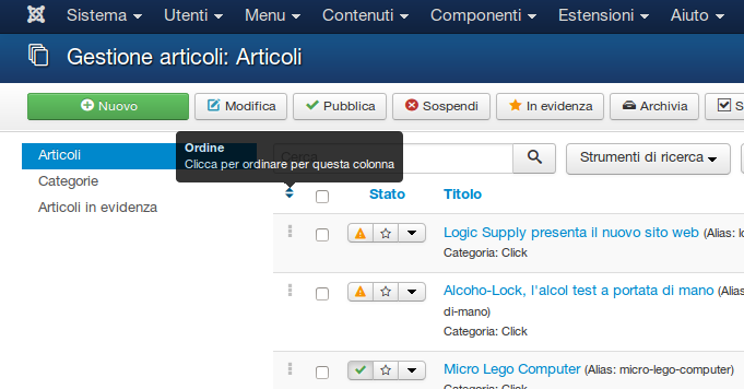 Schermata gestione articoli di Joomla 3.x